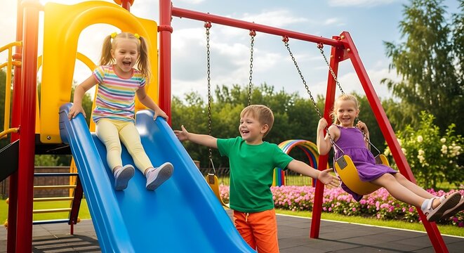 Children playing on playground slide and swings