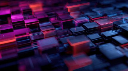 Obraz premium Abstract digital cubes illuminated with vibrant red and purple lighting