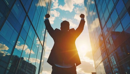 Silhouette of a businessman celebrating success in a city.