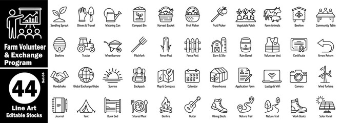 Farm volunteer and exchange program line art icons. Editable stocks set-04, collection includes icons such as seedling sprout, gloves and trowel, watering can, and many more vector illustrations. © Hafiz