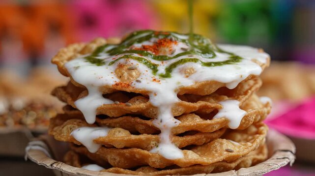 Stack Of Crispy Fried Savory Snacks Topped With Yogurt And Spices Detailed Close Up In A Traditional Bowl With Colorful Blurred Background