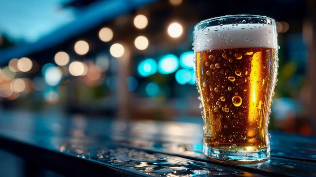 Fresh beer sits on a wooden table in an outdoor setting during evening hours with blurred lights in the background