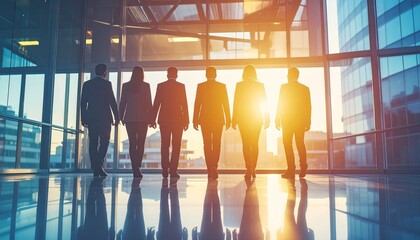 Silhouetted Business Team Walking Towards Bright Future in Modern Building.