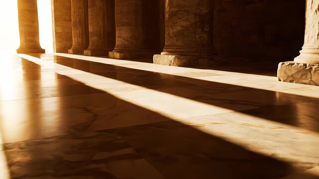Sunlight Streams Through Ancient Stone Columns Casting Long Shadows on Marble Floor Creating Dramatic Atmosphere of Grandeur and History