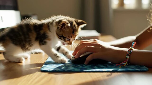 small kitten watches hands using computer mouse on desk. remote working from home concept. playful pet distraction in office, lifestyle 