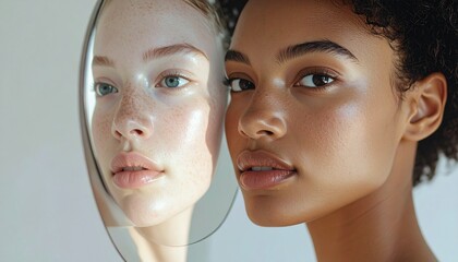 Striking portrait of two women with different skin tones.