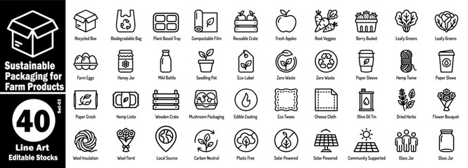 Sustainable packaging for farm products line art icons. Editable stock. Collection of sustainable agriculture product packaging methods concept vector illustration.