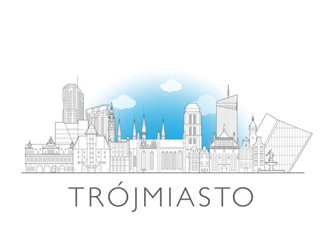 Trojmiasto,  Poland skyline urban cityscape illustration drawing with landmarks