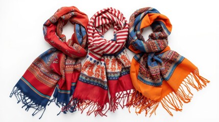 Three vibrant scarves with intricate patterns and fringed edges displayed together