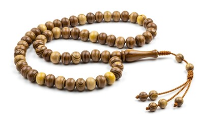 Obraz premium Islamic Prayer Beads Rosary Tasbih Misbaha Wooden Beads with Tassel, Religious Spiritual Object Photography for Muslim Culture and Devotion
