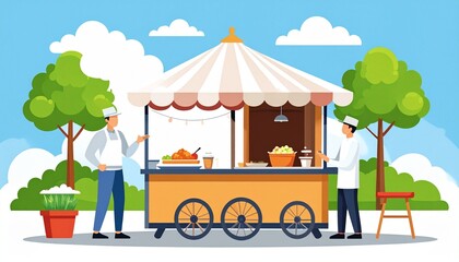 Vibrant Food Cart Scene with Chefs and Treats Illustration.