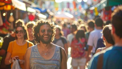 Vibrant market scene with smiling man in foreground.