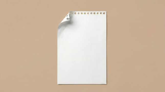 Blank white ripped paper sheet with curled corner on beige background, mockup for stationery design