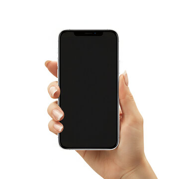 M&atilde;o feminina segurando smartphone com tela preta em fundo branco.