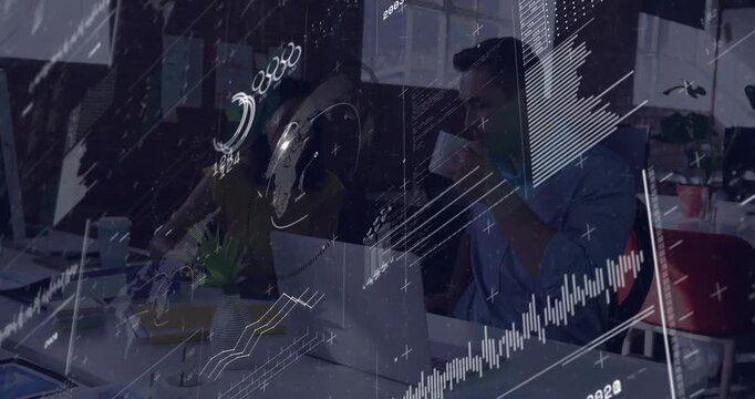 Woman leaning in and encouraging peer reviewing business data on laptop, charts sliding across view