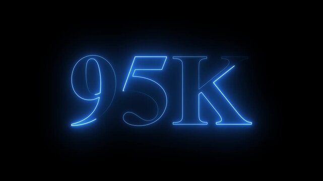 Abstract neon glowing  light 95K letter animation. 95K subscribers celebrations. 95k animation neon text effect video motion on black background. 95k Followers Celebration text animation. 