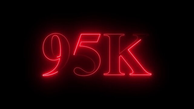 Abstract neon glowing  light 95K letter animation. 95K subscribers celebrations. 95k animation neon text effect video motion on black background. 95k Followers Celebration text animation. 