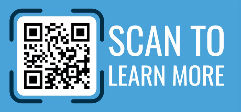 QR code blue frame, scan viewfinder frame with QR code and inscription Scan to learn more, vector sticker mobile scanner