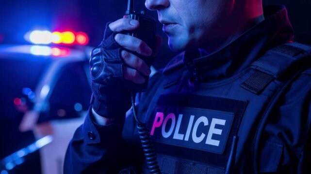 Police officer using a radio for communication at night with flashing patrol lights during an active emergency response.