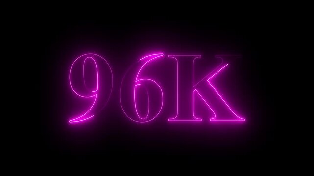 Abstract glowing neon light 96K letter animation. 96K subscribers celebrations. 96k animation neon text effect video motion on black background. 96k Followers Celebration text animation. 