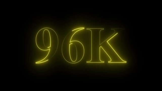 Abstract glowing neon light 96K letter animation. 96K subscribers celebrations. 96k animation neon text effect video motion on black background. 96k Followers Celebration text animation. 