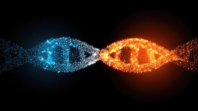 Abstract dna helix model illuminated with vibrant blue and orange light