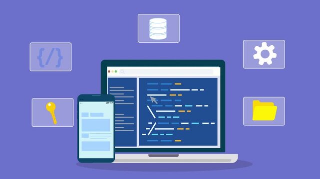 Flat illustration of software development workspace with laptop displaying code editor, mobile interface, and database system icons representing programming and data workflow.
