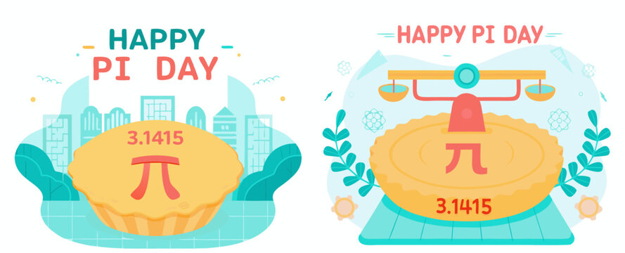 A colorful vector graphic illustration celebrating Pi Day with pies and mathematical symbols