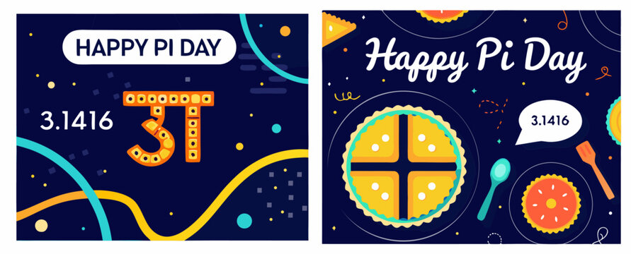 A colorful vector graphic illustration celebrating Pi Day with pie icons and mathematical symbols on a dark blue background