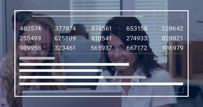 Two women leaning over laptop, second woman joining, HUD animating business data, analyzing