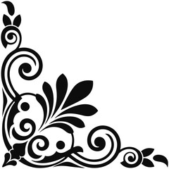 Fototapeta premium Elegant black corner flourish floral ornament for decorative design in vintage style on transparent background, graphic element