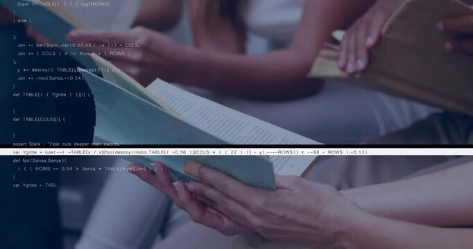 Camera zooming, hands holding mint book, turning pages, code bars shifting, focusing ring finger