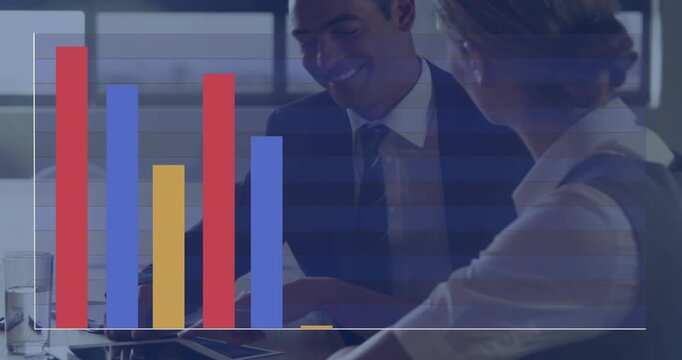 Man and woman tapping tablet, initiating business data review, animated bar chart rising in front