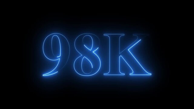 Abstract glowing neon light 98K letter animation. 98K followers or subscribers celebrations. 98k animation neon text effect video motion on black background. 98k Followers Celebration text animation.