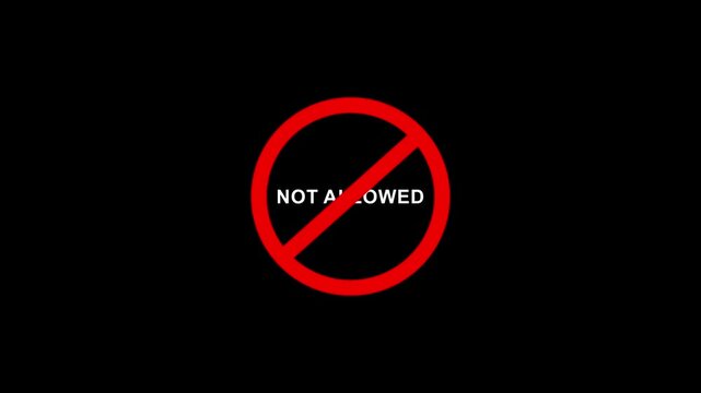 Not allowed prohibition warning sign animation on black background. Caution warning symbol, alert, error sign, security protection 4K motion graphic.
