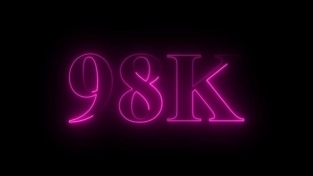 Abstract glowing neon light 98K letter animation. 98K followers or subscribers celebrations. 98k animation neon text effect video motion on black background. 98k Followers Celebration text animation.