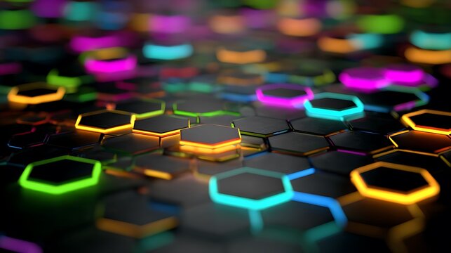 Futuristic Hexagonal Grid With Neon Light Edges In Dark Environment abstract technology Photo