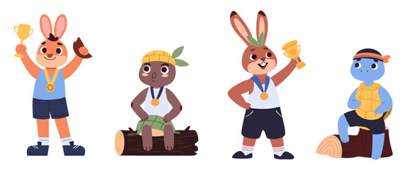A colorful vector illustration of four cartoon characters, each holding a trophy and wearing medals, showcasing a fun and playful design