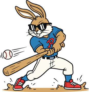 Cool Baseball Rabbit Character Vector Hitting Ball with Bat in Fun Cartoon Sports Style