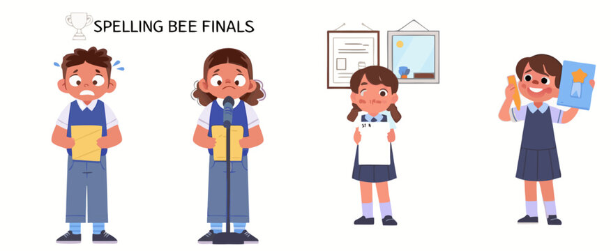 A colorful illustration of four school children participating in a spelling bee competition with a trophy and certificates