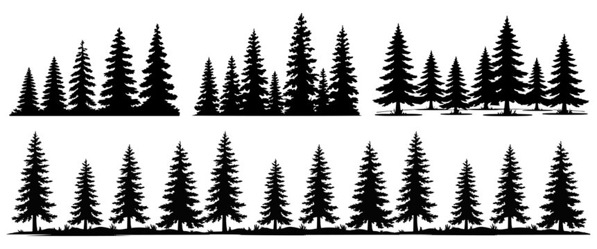 Pine tree silhouette border set, black forest evergreen collection isolated on white background.