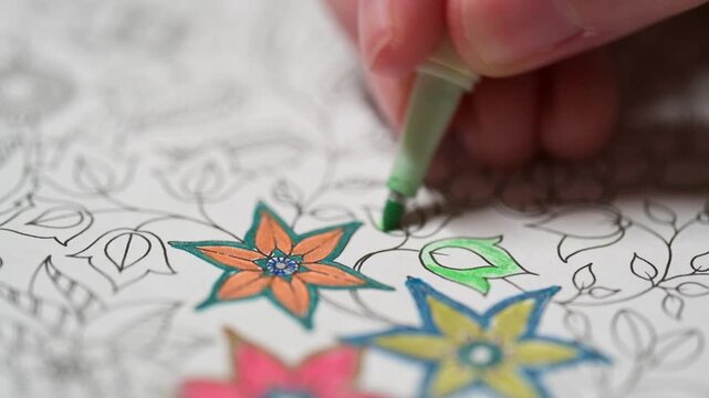 Close-up of a hand filling in a floral design in a coloring book with a green marker. The video includes audio of the marker scratching on paper