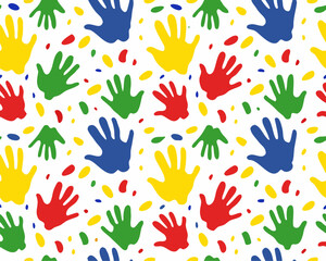 Fototapeta premium A colorful vector graphic illustration of multicolored handprints on a white background
