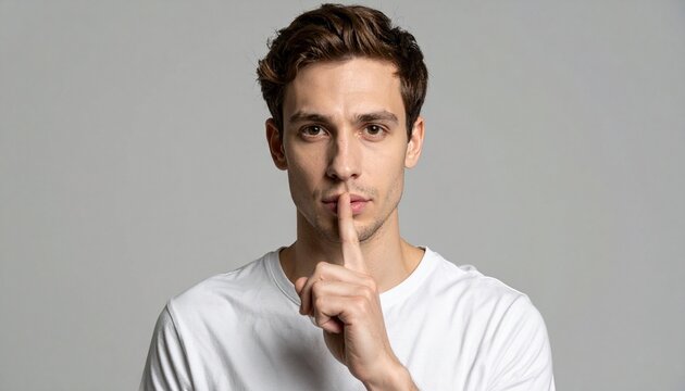 Man in white shirt gesturing silence with finger on lips.