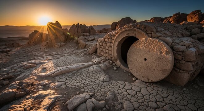 Ancient Tomb with Rolling Stone at Sunrise, Symbolizing Resurrection and New Beginnings.