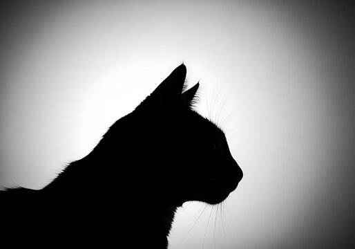 Black cat silhouette profile side view with pointed ears against light background