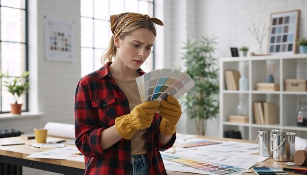 Confused woman choosing paint colors from a swatch deck during home renovation. DIY interior design and remodeling concept