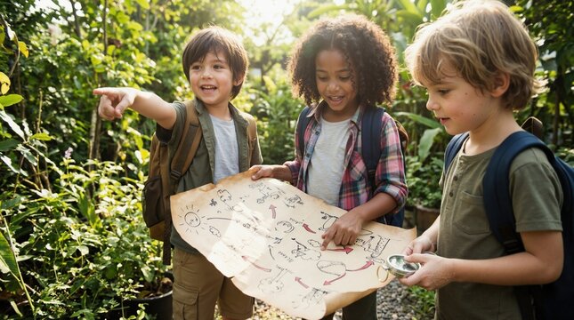 Diverse children exploring with treasure map and compass in lush garden. Group of kids on outdoor adventure. Teamwork and childhood discovery concept