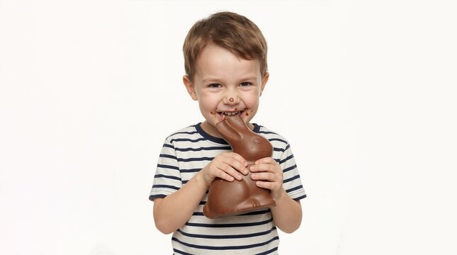 Happy boy biting chocolate Easter bunny with messy face. Young child holding milk chocolate treat against white background. Messy eating and childhood joy concept. Copy space for text