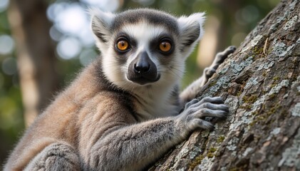 Fototapeta premium Close up portrait of ring-tailed lemur on tree. Cute wild animal looking at camera with orange eyes. Madagascar wildlife